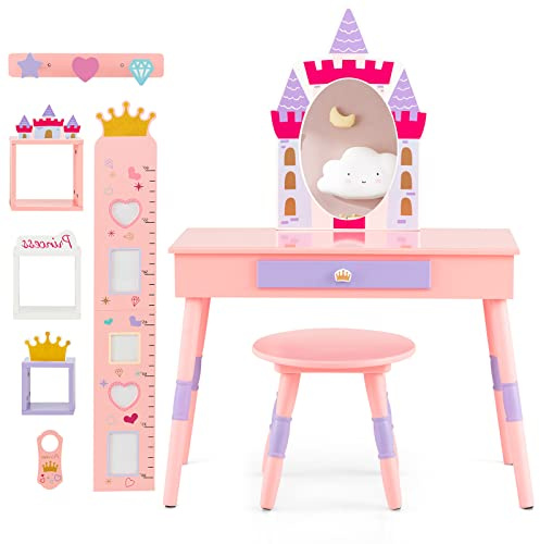 LIFEZEAL Toeletta per Bambini a Forma di Castello Con Specchio e Sgabello, in Legno 74x39x101,5 CM, Capacità di Carico 30/50 KG, Rosa+Viola, dai 3 Anni in Su