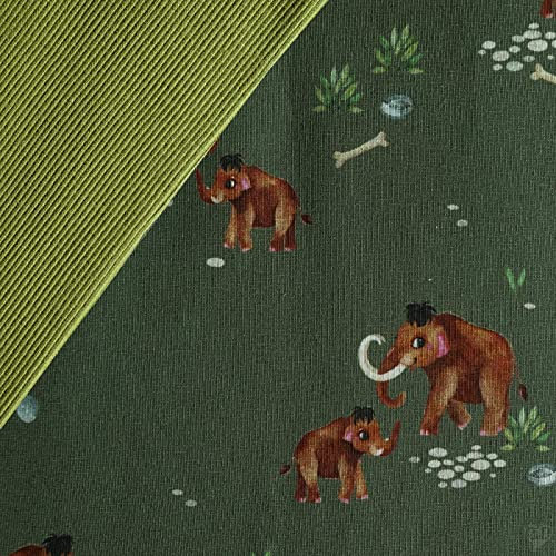 Stoffpaket 0,5 x 1,5 m Motiv-Jersey und 0,5 x 0,7 m Bündchen uni Nähpaket f. Kinderkleidung, Motiv:Mammut | schilfgrün