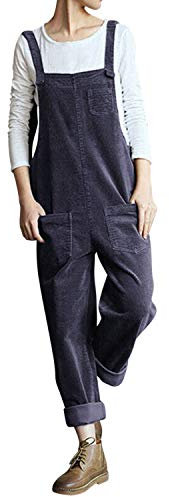 Womens Casual Corduroy Jumpsuit Retro Sleeveless Bib Overalls Dungarees with Pockets
