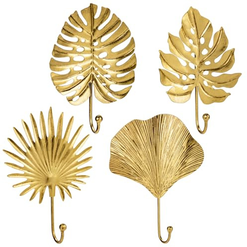 Oairse 4pcs Vintage Gold Leaf Shape Wall Hooks - Brass Coat Robe Key Holder for Bathroom, Entryway, Kitchen, Garage Decor