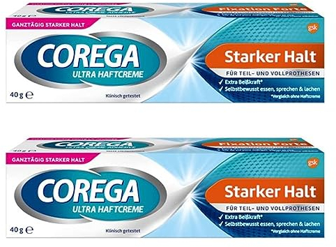 Monxu Coreg-a Extra starker Halt für falsche Zähne, Kleber für Zahnprothesen, selbstklebend, ganztägiger Halt, mehr Komfort, 40 g x 2 = 80 g