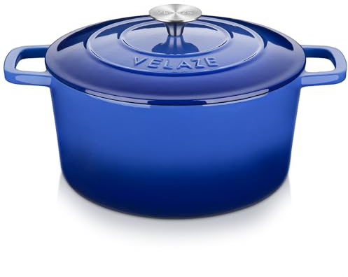 Velaze Gusseisen Topf 5L, Blau Gusseisen Bräter mit Deckel Ø 25 cm, Hochwertiger Emaille Topf, Schmortopf Gusseisen, Brotbackform mit Deckel, Bratentopf für alle Herdarten Geeignet