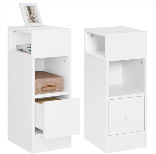 eSituro Set of 2 Narrow Bedside Table with 2 Open Compartments and 1 Drawer, White Nightstand 25x30x66 cm, Space Saving Cabinet Night Table for Bedroom Living Room, Wooden, SCD0213-2