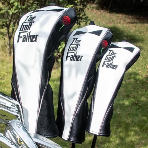 Golf Club Head covers Wood Set 3 PACKS 1FH DR FW UT for Driver Fairway Hybrid with No.Tag Elastic Closure Black PU Leather The Golf Father Gift