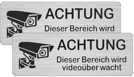 Videoüberwachung Schild Selbstklebend 2 Stück Videoüberwachung Schild Aluminium Selbstklebend, 85mm*30mm Achtung Videoüberwachung Aufkleber Klein, Warnschilder Kameraüberwachung