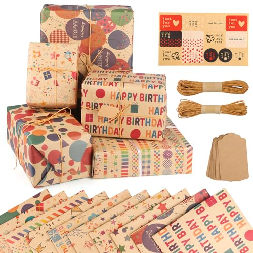 GHVACZS 10 Blatt Geschenkpapier Geburtstag, 70 x 50 cm Geschenkpapier Kinder, 10 Muster Geschenkpapier Kindergeburtstag zum Verpacken von Geburtstagsgeschenken