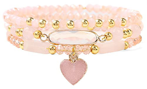 SMTSEC Boho Armbänder,3 Stück/Set Mehrschichtiges Elastisches Armband Set,Herz Anhänger,Kristall Perlen Armband,Natürlicher Labradorit,Quarzstein,Armreif für Frauen und Mädchen,Armbänder,Geschenk,Ros