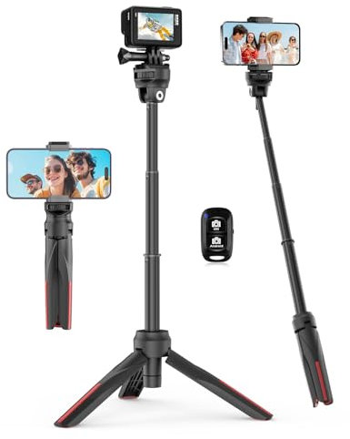 Aureday 46CM Mini Stativ für Action Camera Mit 4-Teilige Verlängerungsstange und 360°-Kugelkopf - Klein Tragbar Reise Vlog Ständer für DLSR, Compact Kameras