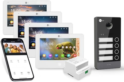 Neolight Videoportero 4 viviendas WiFi Full HD con 4 Monitores, Kit de Superficie para 4 Familias, Portero Automático con Pantalla Táctil IPS, Interfonos, Cerradura Eléctrica y Puertas Corredizas