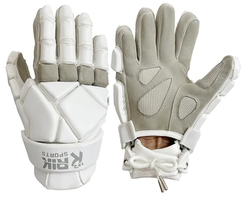 RIK SPORTS Pro-Men Lacrosse Gloves - High Density - Enhanced Grip, Quick Dry, Protective Fit with Extended Cuff - Flexible & Lightweight (White, X-Large)