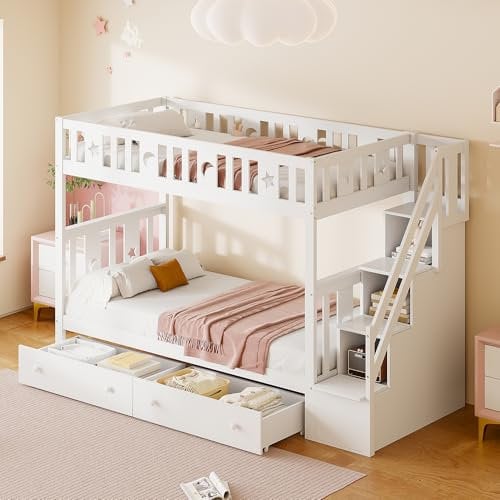 Etagenbett Kinderbett 90x200 für 2 Kinder, Hochbett Holzbett mit Treppe und 6 Stauraum Schubladen, Bett mit Rausfallschutz und Lattenrost, Multifunktionsbett Stockbett Jugendbett, Weiß, Ohne Matratze