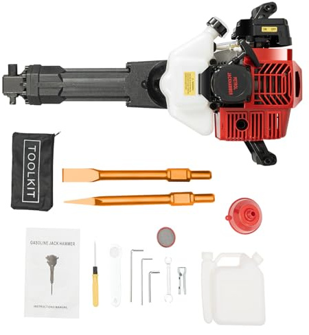 Petrol Demolition Hammer 2-Stroke 1900W Chisel Hammer 1500bpm Hand Pull Start Air-Cooling Hammer Drilling Machine with 1* Point and 1* Flat Chisel