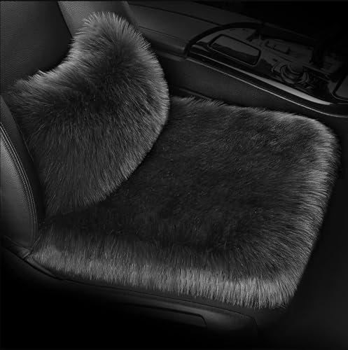 Lammfell Sitzkissen Lendenkissen,Autositzbezug Lendenkissen, Auto Kunstfell Sitzauflage, Langes Winter Warme Sitzkissenbezug, Universell für Autositz, Bürostuhl und meisten Stühle (Dunkelgrau)