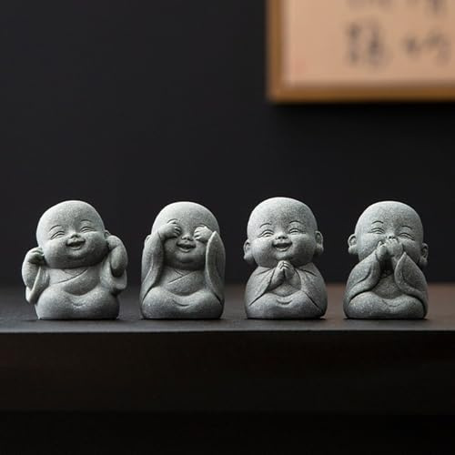 UTTCMK Niedliche Buddha-Statue, Zen, Sandstein, Buddha-Skulptur-Set für Reichtum, Glück, Feng Shui, Dekoration, Zuhause, Büro, Innen- und Außendekoration, Grau, 4 Stück