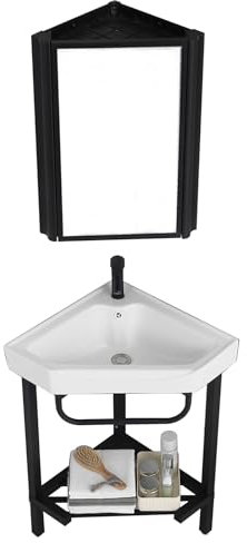 Lavabos d'angle de salle de bain, éviers de buanderie et de buanderie autonomes Lavabo en céramique, évier en céramique avec support en acier inoxydable, avec robinets d'eau chaude et froide, armoire