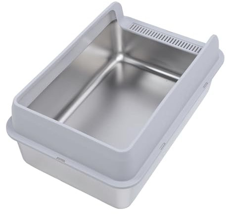 Hochseitige Katzentoilette aus Edelstahl – Einfach zu Bedienen mit Schaufel, Oben Offenes Design für Hauskatzen, groß 50 X 35 X 25 cm – Katzentoilette aus Metall (kleine Größe)