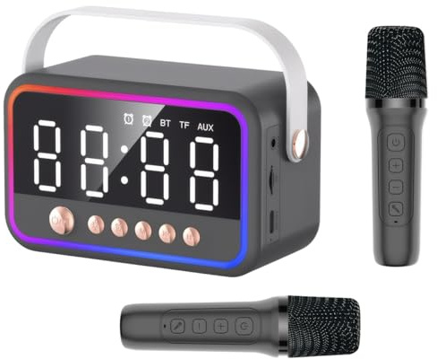 Karaoke Maschine mit 2 Karaoke Mikrofonen, Bluetooth Lautsprecher mit RGB Licht und Doppelter Wecker, Multifunktion Musikbox Tragbarer Bluetooth Box, 360° Stereo Sound Bluetooths MusikLautsprecher