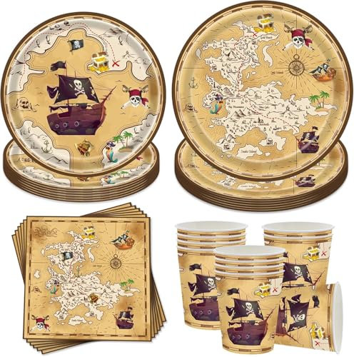 Piraten Partygeschirr Set,Geburtstag Becher Teller Set Kinder,Pirat Partyteller Geburtstag,Kindergeburtstag Geschirr Set,Piratenschiff Party Pappteller,Jungen Mädchen Pirate Kindergeburtstag Deko