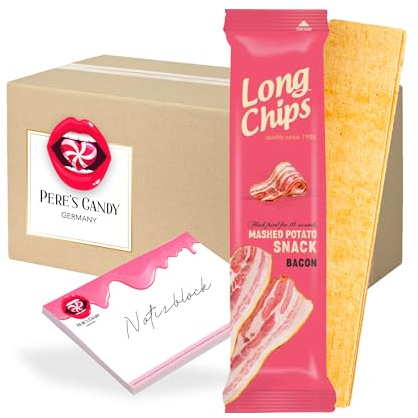 Pere's Candy Bundle für 20 x 75 g Long Chips Kartoffelchips mit Bacon + Pere's Candy Notepad DIN A7-25 Blatt