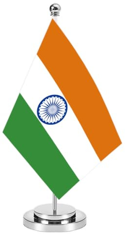 Indien Miniature Desk Flag Set,8x5 Inch indische kleine Flagge mit 12 Zoll hellen Silber Flagge Pole, Deluxe Dekorationen für Haus Büro Tagungstisch