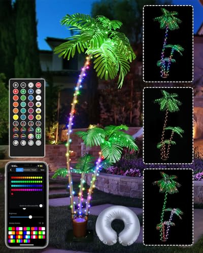 Smart Lighted Artificial Palm Tree 6 Feet for Tiki Bar Outside Patio, RGB Color Changing Christmas Tree 208LED, DIY Light Show, Music Sync Light up Pool Yard Tropical Fake Plant Light Indoor Decor