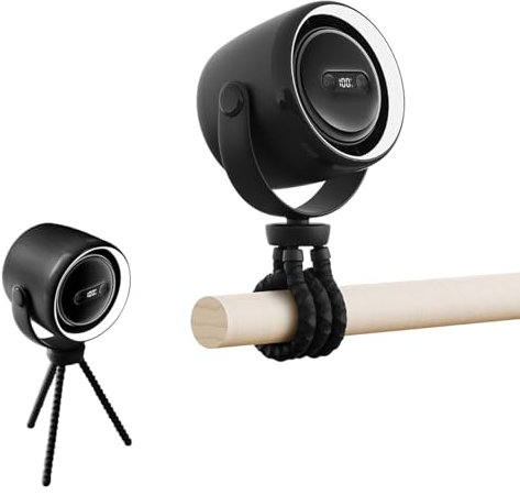 Ventilador Pequeño para Cochecito de Bebé, Ventilador Portátil de Mano/ Escritorio/ Clip Silencioso Recargable USB para Coche Camping Viaje, Giratorio 360°, 100 Velocidades, Luz Nocturna LED Black