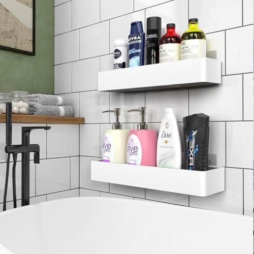 Vinsani 2 Pack Rustproof Shower Caddy Shelf – Quick-Dry & Drill-Free Bathroom Organiser with 4 Hooks | Large Wall Mounted Adhesive Storage Rack for Shampoo, Soap & Accessories (White)