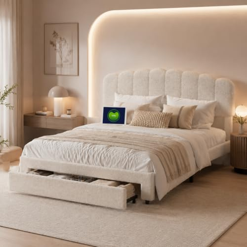 WOBOPCG Polsterbett 160x200 mit USB, Doppelbett 160x200 mit Stauraum Bett mit Schubladens Polsterbett Bettgestell mit Kopfteil Doppelbett mit Lattenrost (Beige, Teddysamt, 160x200 cm)