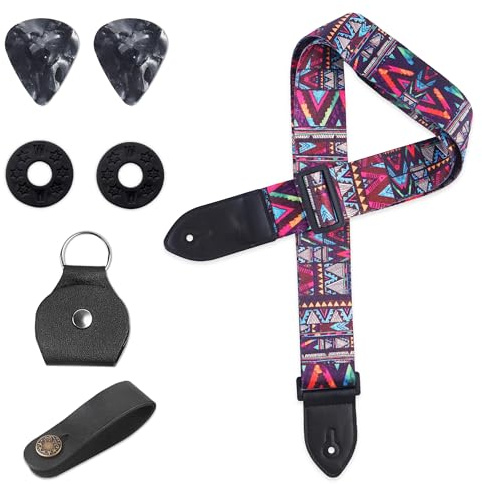 Czzmy Gitarrengurt, Verstellbarer Gitarren-Gurt Gitarrenband Guitar Strap mit Lederenden Plektrum Knöpfe Gitarrenhals Gurt für E-Gitarre Akustikgitarre Bass