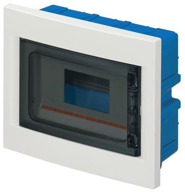 Centralino bianco IP40, per cartongesso, 8 moduli, 240x194x80mm, quadro elettrico da incasso, sportello fume', per interno, tappi per moduli inclusi, barra DIN estraibile e regolabile