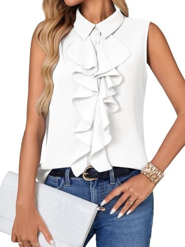 Vrtige Women's Ruffle Front Summer Tank Tops White Small | Button Down Collar Neck Sleeveless Blouse Shirt Top