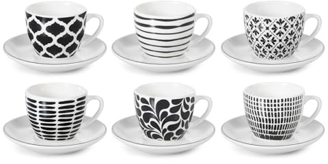 H&H Confezione 6 Tazze da Caffè Mirage con Piattino in Porcellana Decorata – 110 cc – Lavabili in Lavastoviglie e Utilizzabili nel Microonde