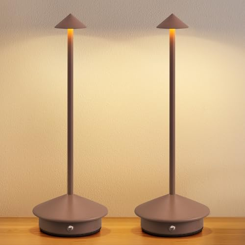 NEWSEE 2 Pack Mini Cordless Table Lamp, Portable LED Desk Lamp, 4000mAh Rechargeable Battery Powered Lighting, Stepless Dimming for Bedroom, Dining Room, Coffee Shop, Camping (Brown)