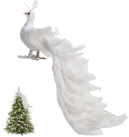 Pfauen-Dekoration, 38, 1 cm große weiße Pfauen-Weihnachtsbaumspitze mit natürlichen Federn und langem Schwanz für Weihnachtsbaumdekorationen