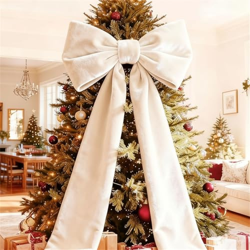 Christmas Tree Topper Bow (6 ft),Christmas Tree Bows Large,180CM Large Champagne Red Velvet Bows for C-hristmas Tree,Giant Champagne Velvet Bow christmas Decoration,for Window Wall Door Decor (White)