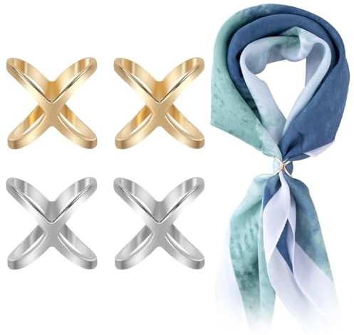 YAZWUR 4 Stück Scarf Clips, X-förmige Ringe für Frauen, Cross Hollow Schnalle Mode Ring, Einfache Seide Verschluss Wrap Halter Dekoration Zubehör für Schal Halstuch Kleidung