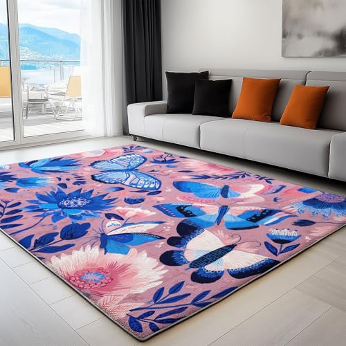 Böhmen Blumen Schmetterlinge Teppich 60 x 90 cm - Kinderteppich für Jungen Mädchen Waschbar & rutschfest Krabbelmatte für Wohnzimmer, Schlafzimmer, Kinderzimmer Rosa