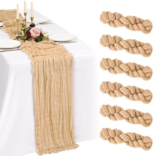 6 Pack Creme Kamel Käsetuch Tischläufer 10FT Boho Gaze Käsetuch Tischläufer Abwaschbar Romantische Rustikale Tischdekorationen für Hochzeit Party Geburtstag Feiertag Zuhause(55x300cm)