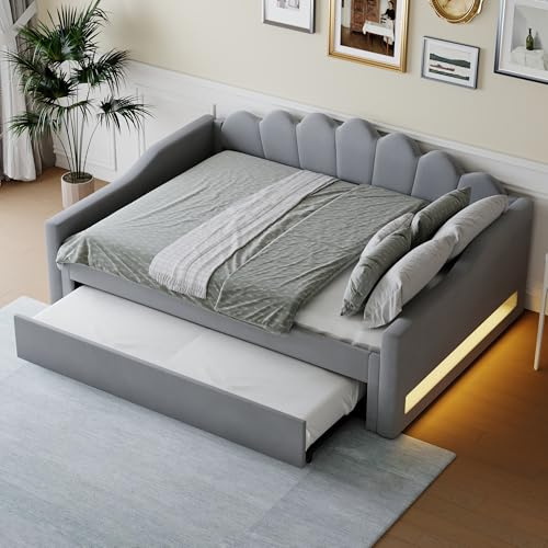 Cama de día acolchada con cinturón LED y cama nido de 140 x 200 cm (gris)