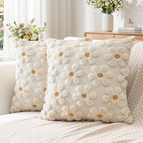 Artscope 2er Set Wolle Blumen Kissenbezüge Weicher Plüsch Kurzer Wollsamt Dekokissenbezüge Frühjahr Sommer Kissenhülle Saisonale Sofakissen für Sofa Schlafzimmer Creme Beige, 45x45cm