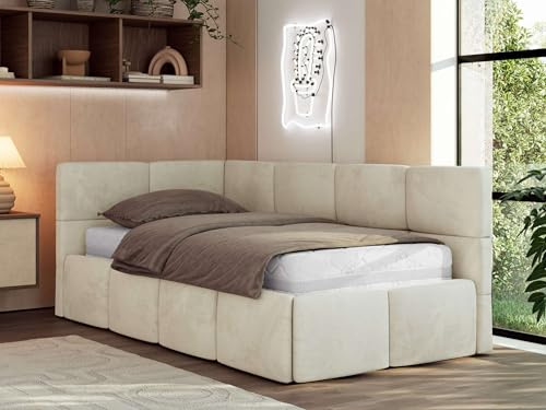 Jugendbett ARVO 90x200 cm mit Lattenrost und Bettkasten, Polsterbett mit gepolstertem Kopfteil und Gasdruckfedern, Eckbett mit Stauraum - mit Multipocket-Matratze - Beige Velvet - Linke Seite