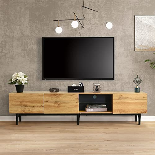 Meuble TV Bois 175cm Moderne avec LED Réglable Table TV et Portes Battantes, Meuble Télé pour Salon