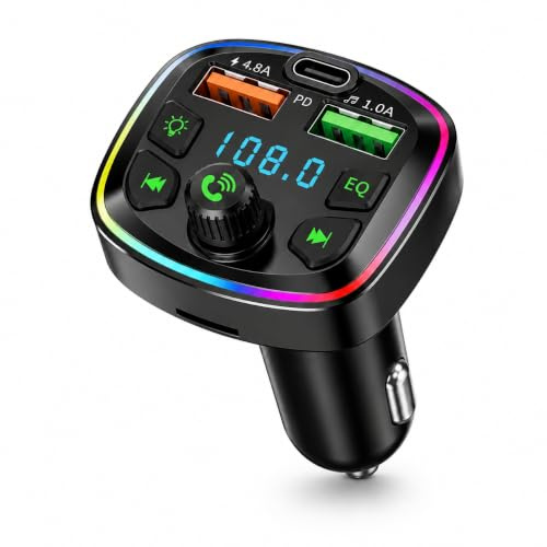 Bluetooth Car Adapter FM Transmitter, Bluetooth Transmitter with 4.8A USB Type-C Charging, Car Radio Bluetooth Transmitter MP3 Player with LED Display, Bass Mode, Hands-Free Calls for 12-24V Vehicles