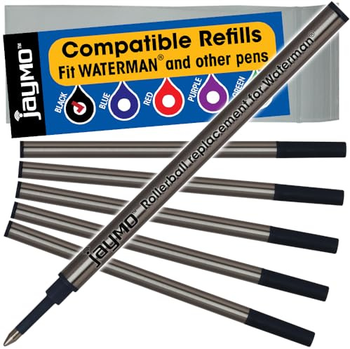 Jaymo Replacement for Waterman 540951 - Measures 4.3 in / 109 mm Long - Rollerball Pen Refill - 6 Black