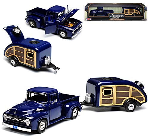 Motormax Ford F-100 Pickup 1956 Blau mit Wohnwagen Anhänger Blau 1/24 Modell Auto mit individiuellem Wunschkennzeichen