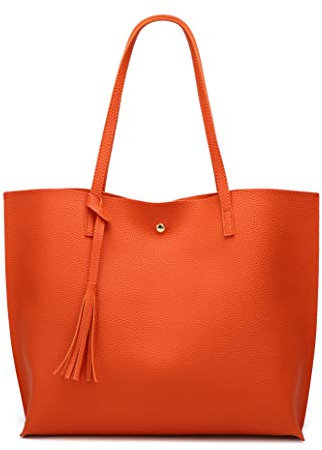 Dreubea Women's Soft Faux Leather Tote Shoulder Bag from, Big Capacity Tassel Handbag, Orange, L