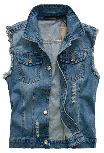 AnyuA Herren Casual Jacke, Ärmellose, Denim Weste Top, Vintage Jeans-Jacke Slim-Fit Blau 3XL