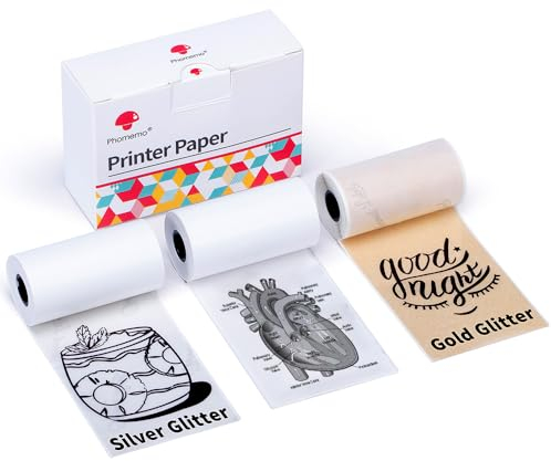 Phomemo M02/M02Pro/M02S/M03/M03AS/M04S/M04AS 3 Rollen Druckerpapier Kompatibel mit Weiß/Silber/Goldglitter