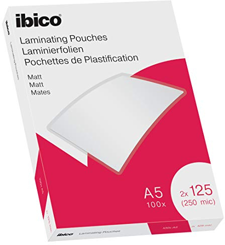 Ibico Laminierfolien A5 Matt 250 Mikron (2 x 125 mic), 100 Stück, Beschriftbare Heißlaminierfolien, Abgerundete Ecken, Ideal für Schule oder Büro, 627322