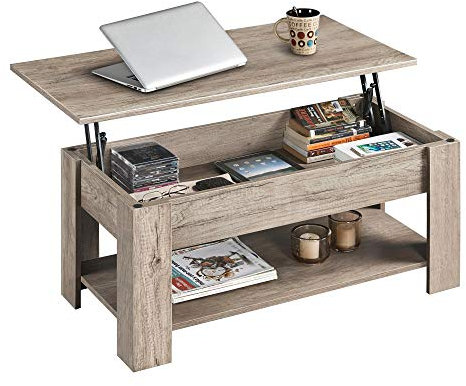 Yaheetech Mesa de Centro Elevable y Extensible con Revistero 98x50x(41,8-56) cm Mesa de Salón o Comedor Mesita Cafe con Estante Almacenamiento Oculto Gris